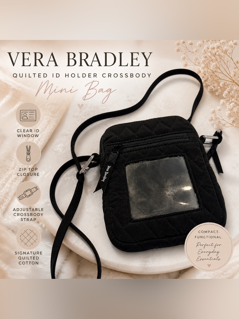 Vera Bradley Black Quilted ID Holder Crossbody Mini Bag Lanyard Wallet Large